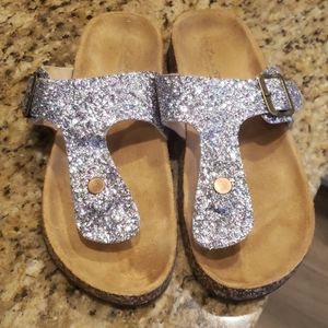 Silver, blue, and purple glitter sandles